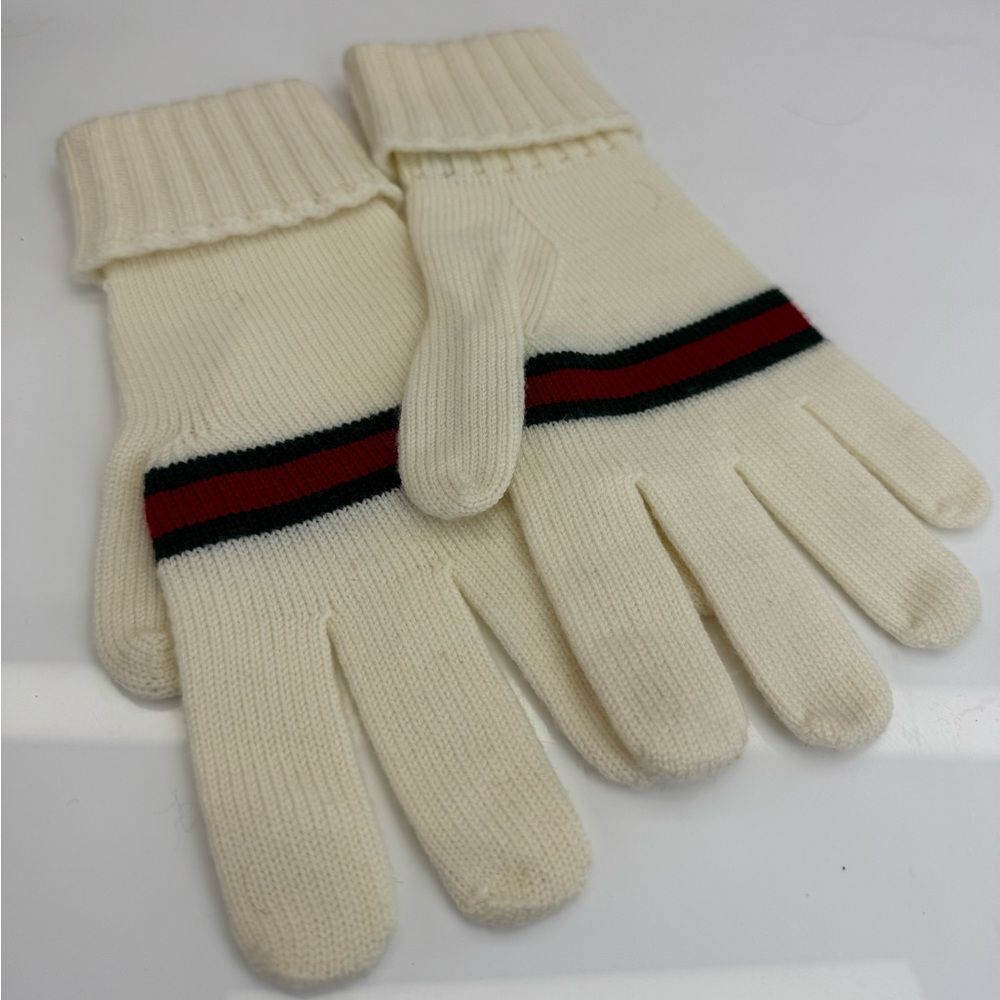 Gucci Lambs Wool Cream Knit Web Stripe Gloves Medium - Picture 4 of 8